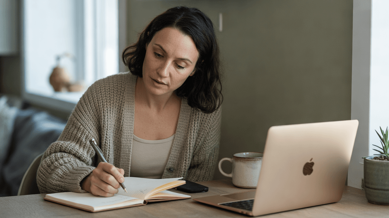 A woman in a knit cardigan writing in a notebook at a wooden desk beside a closed laptop, a mug and a small plant