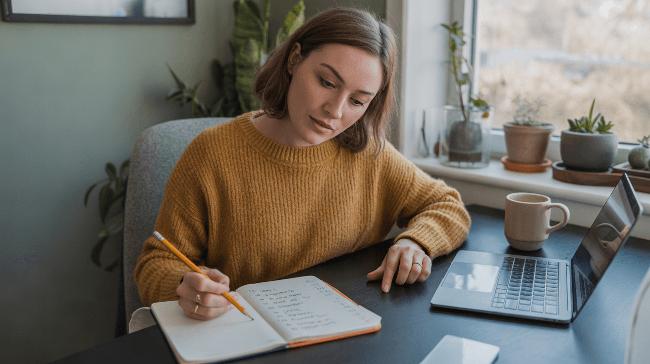 Content creator ticking off a handwritten checklist at a sunlit wooden desk