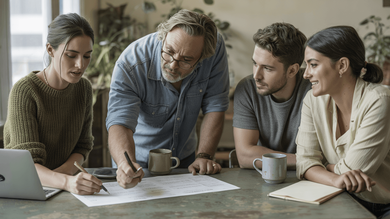 Four colleagues in casual work clothes gather around a wooden table in a bright office with plants, one marking up a printed page with a pen while another points at it.