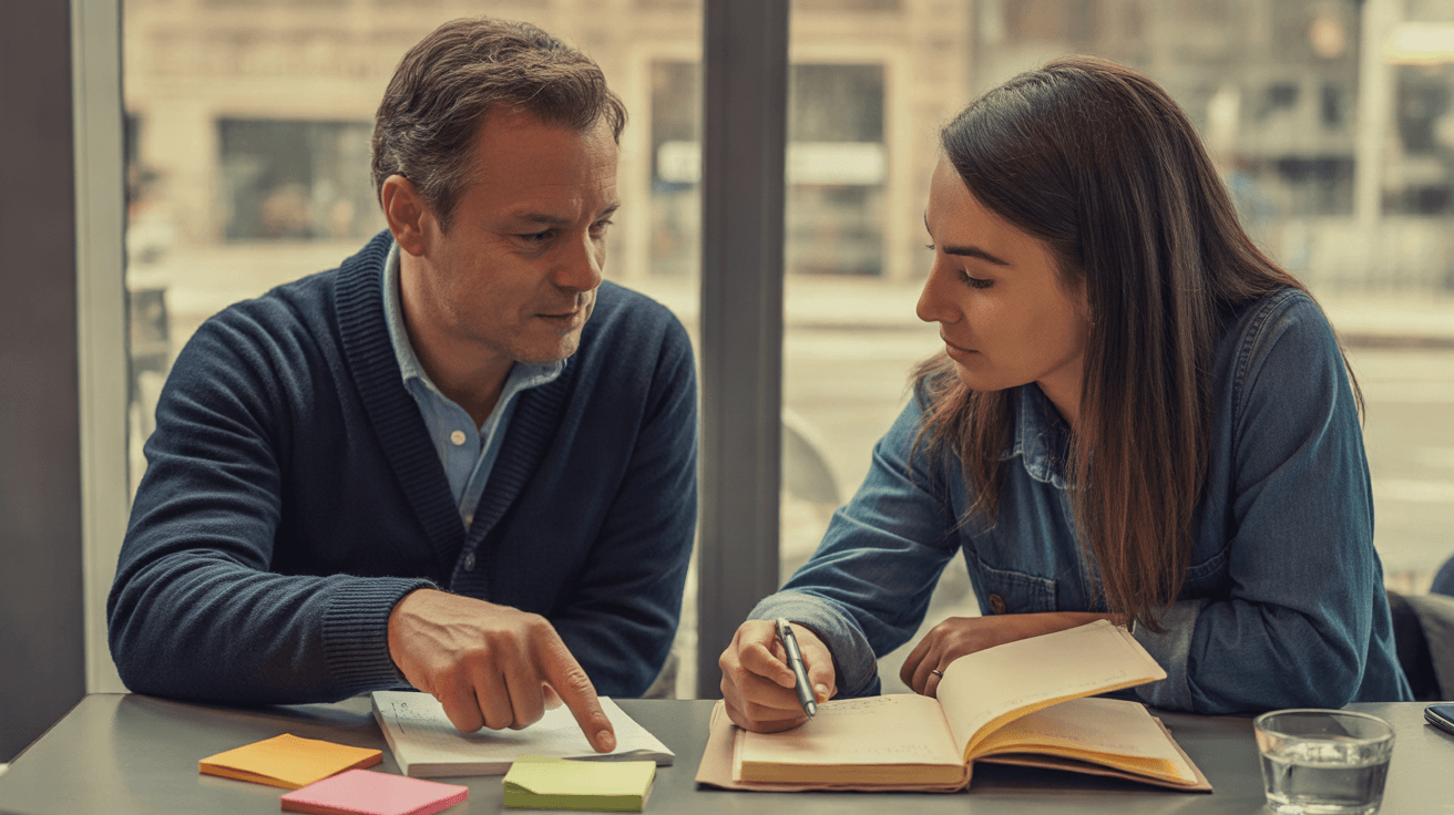 Two colleagues planning an article with sticky notes and a notebook at a cafe table
