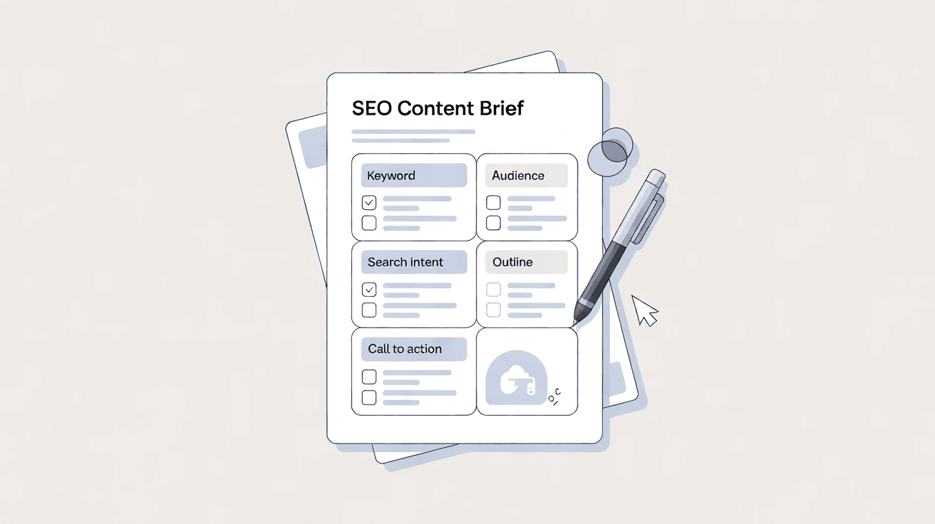 SEO content brief template with keyword, audience, intent and outline sections