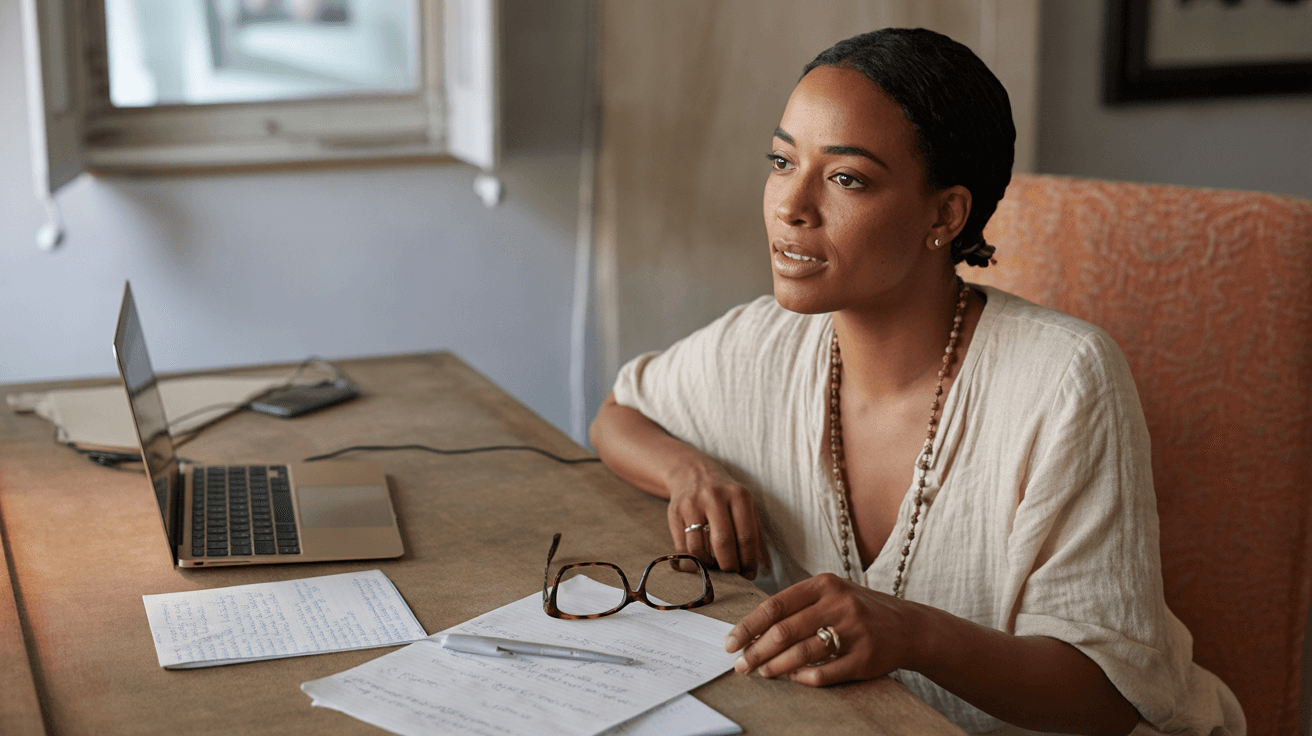 A woman in a cream linen shirt and reading glasses on a beaded chain sits at a wooden desk with handwritten notes and a closed laptop, lost in thought in soft window light.