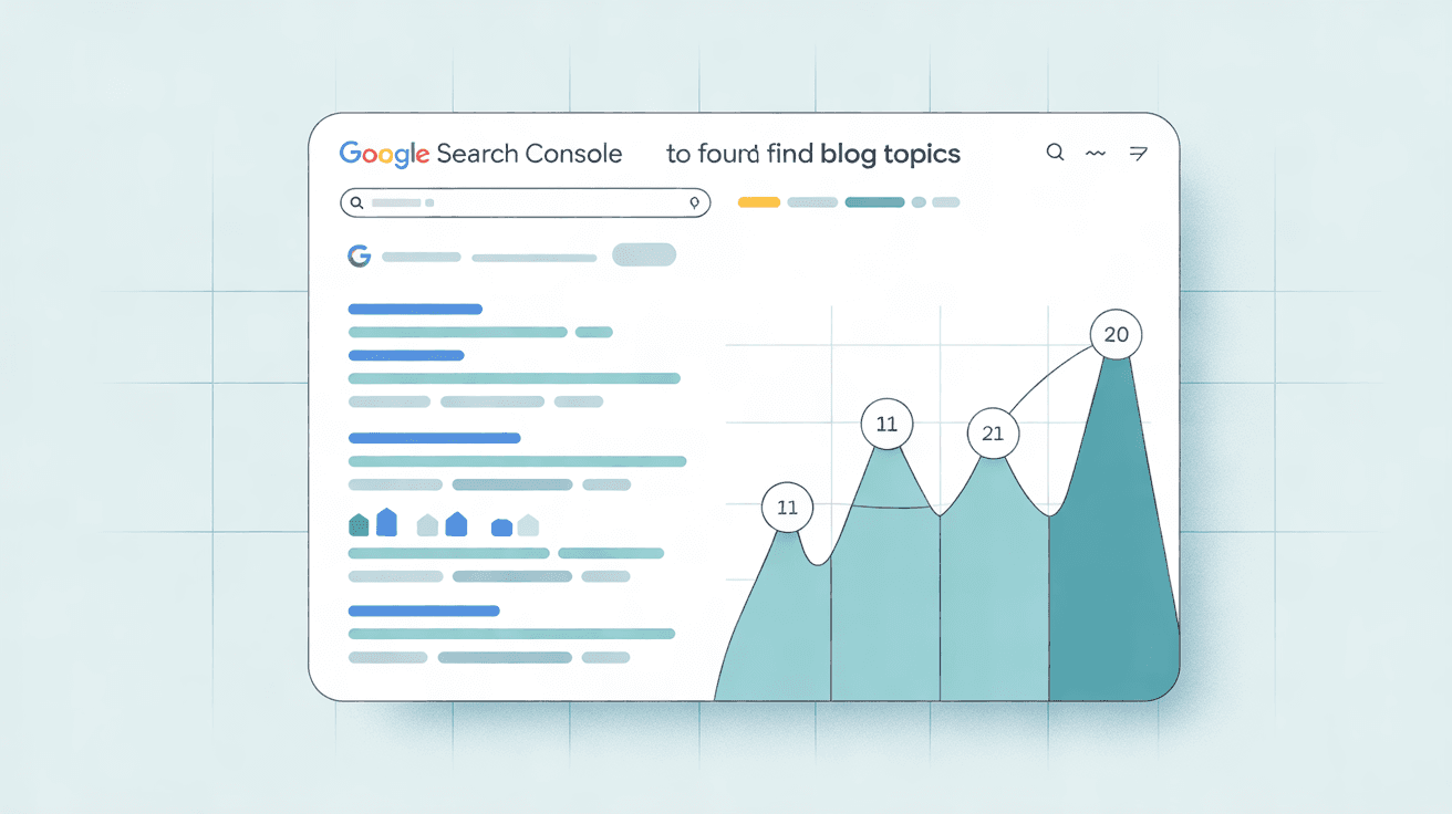 Illustration of a search rankings chart highlighting positions 11 to 20 with a data point moving up toward page one, representing Google Search Console keyword research