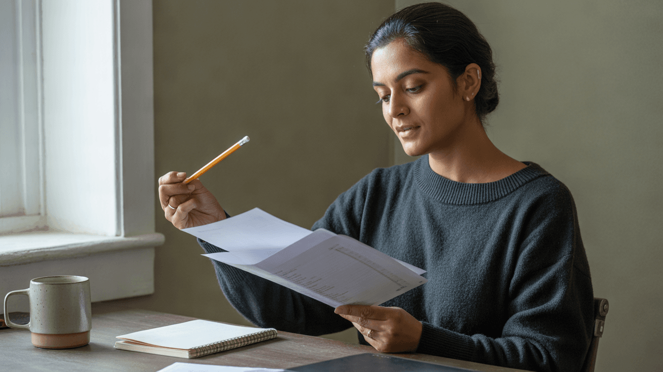 A woman in a charcoal sweater sits at a wooden desk by a window, reading printed pages with a pencil in hand, with a notebook and a ceramic mug beside her.