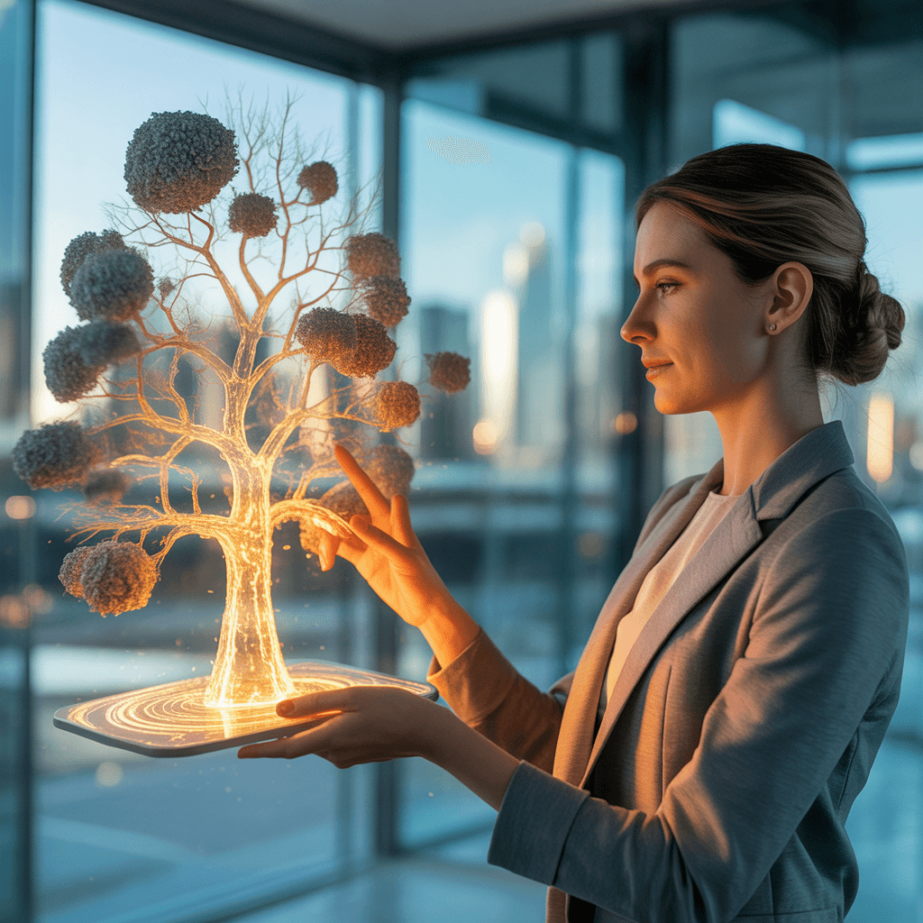 A cinematic, wide-angle shot of a professional woman in a modern, sunlit office, working on a large holographic interfac