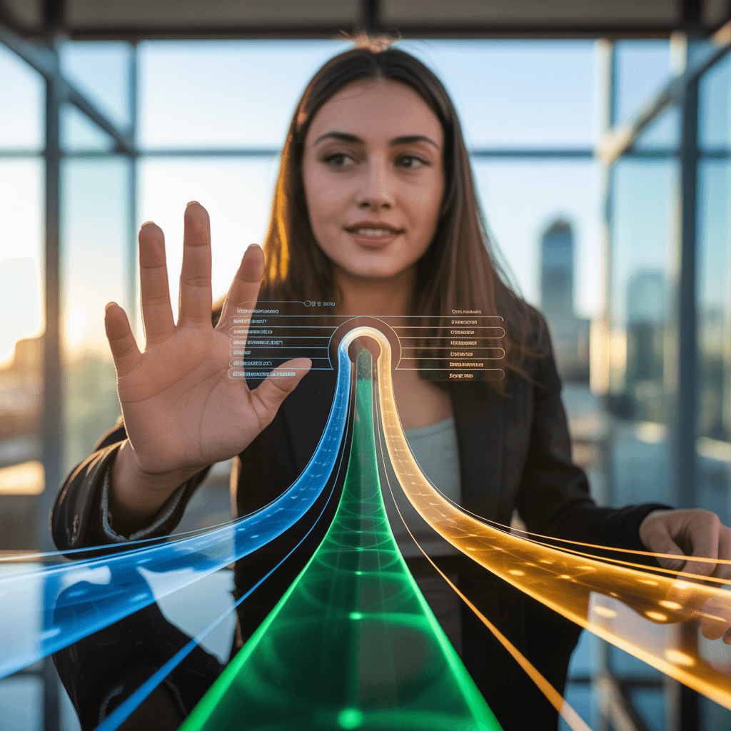 A striking, cinematic photograph of a female digital strategist interacting with a sophisticated, translucent floating h