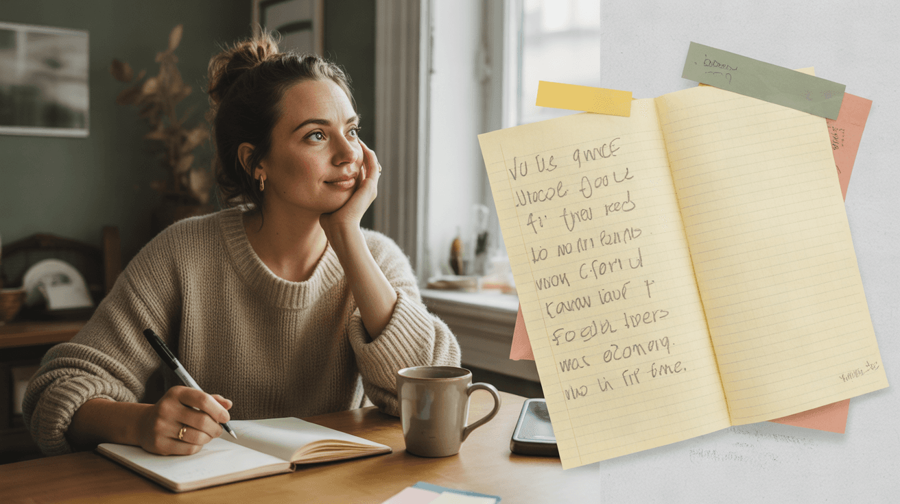 A blogger in a knit sweater sits at a sunlit wooden desk with a coffee mug and an open notebook, looking thoughtfully off to the side, with sticky notes blurred in the foreground.